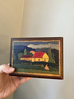 Vintage Folk Art Handcarved Handpainted Wooden Box With Rustic Farmhouse Scene 1
